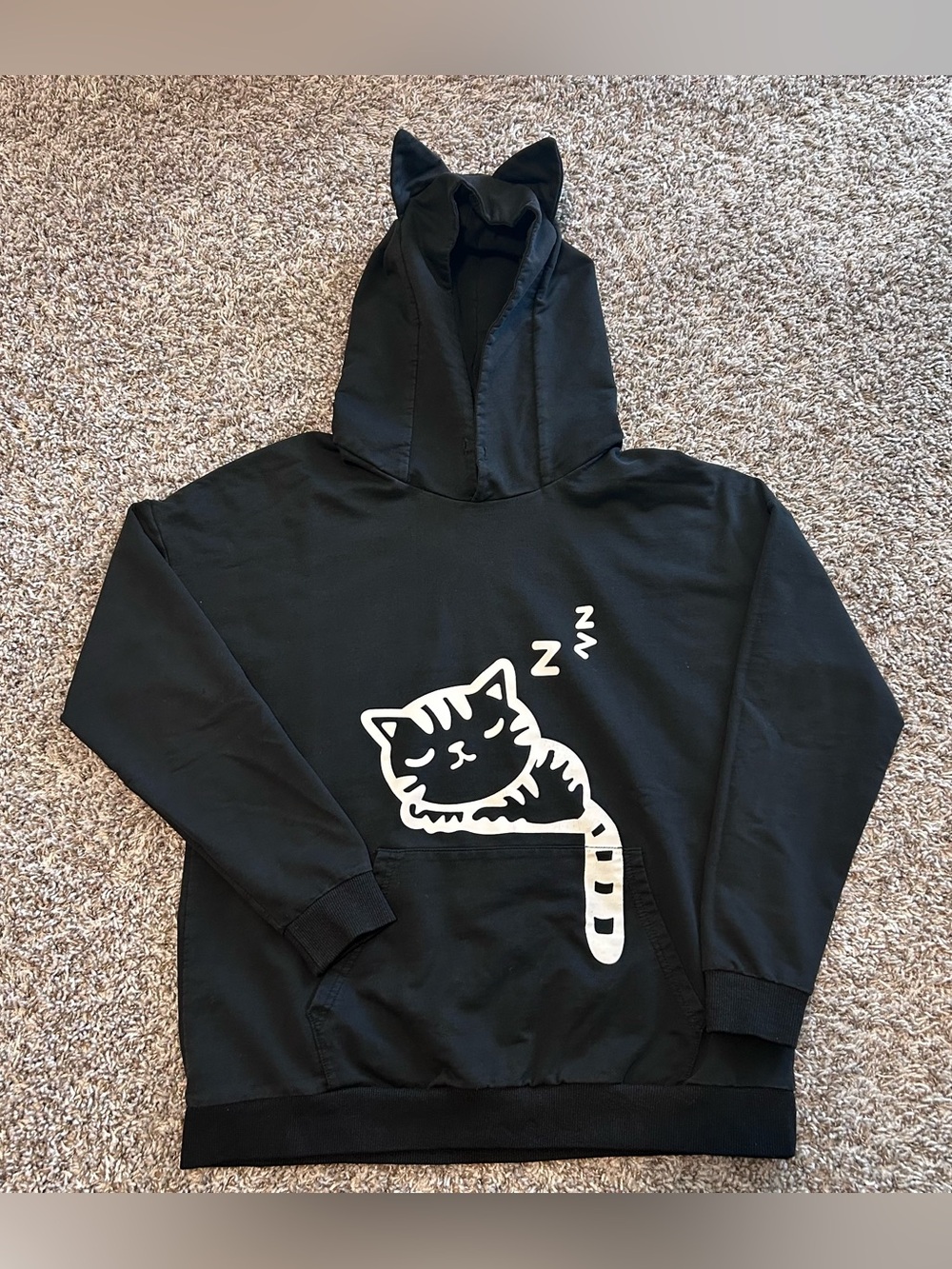 KAWAII BLACK CAT EAR HOODIE Sleeping Cartoon Graphic LARGE L Cozy